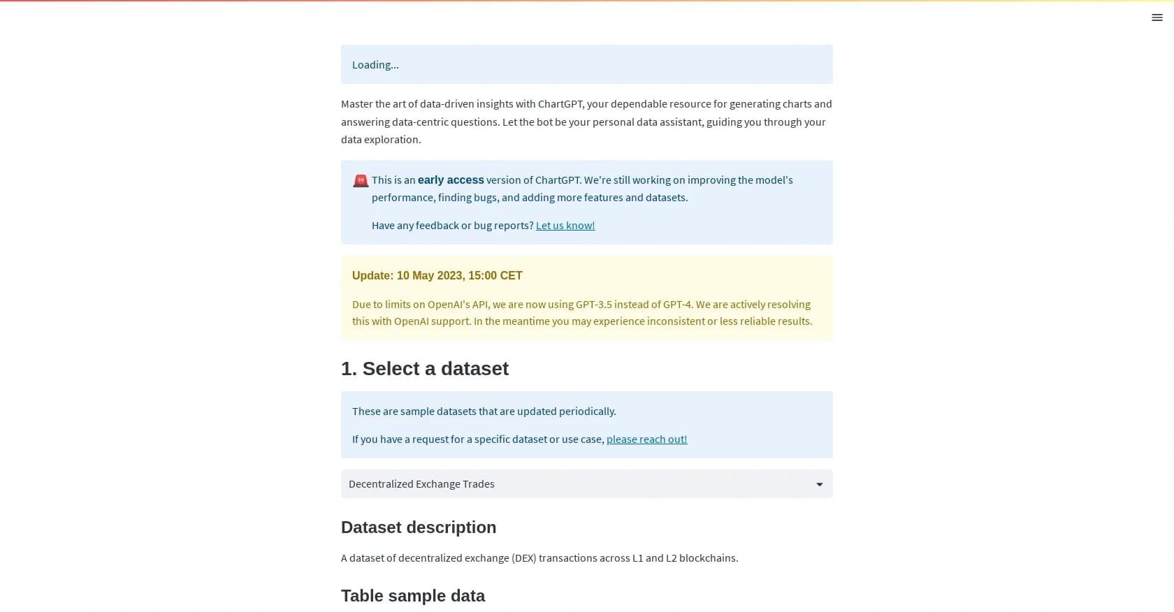 ChartGPT Cadlabs homepage screenshot — Generate charts and answer data questions with AI.