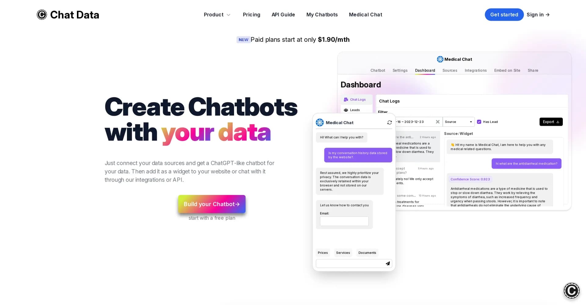 Chat Data homepage screenshot — Create chatbots with your data