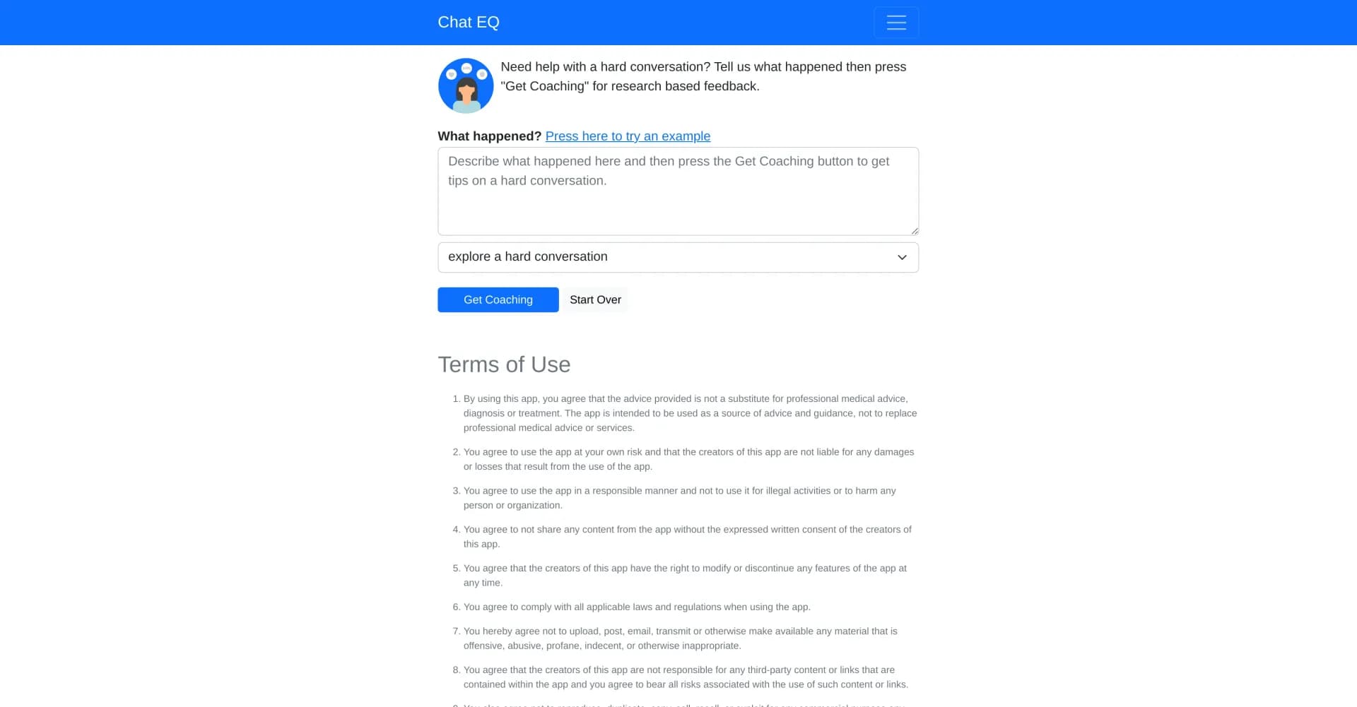 Chat EQ homepage screenshot — AI coaching for difficult conversations