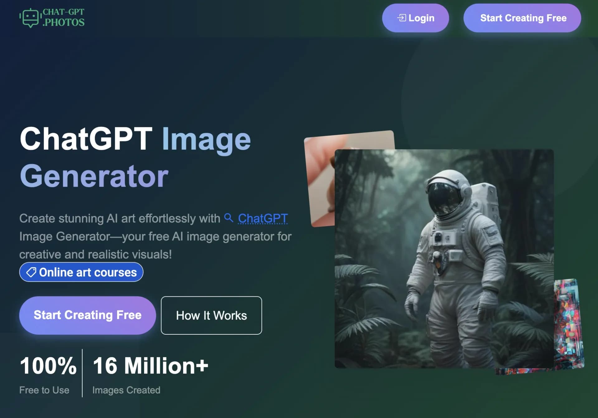 Chat GPT Photos homepage screenshot — Transform ideas into visuals with AI