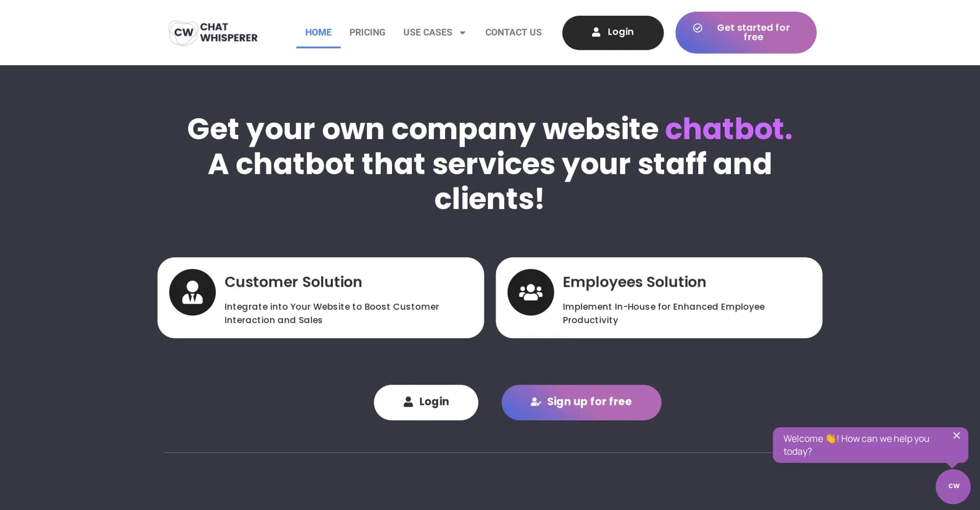 Chat Whisperer homepage screenshot — Create a website chatbot for sales and support.