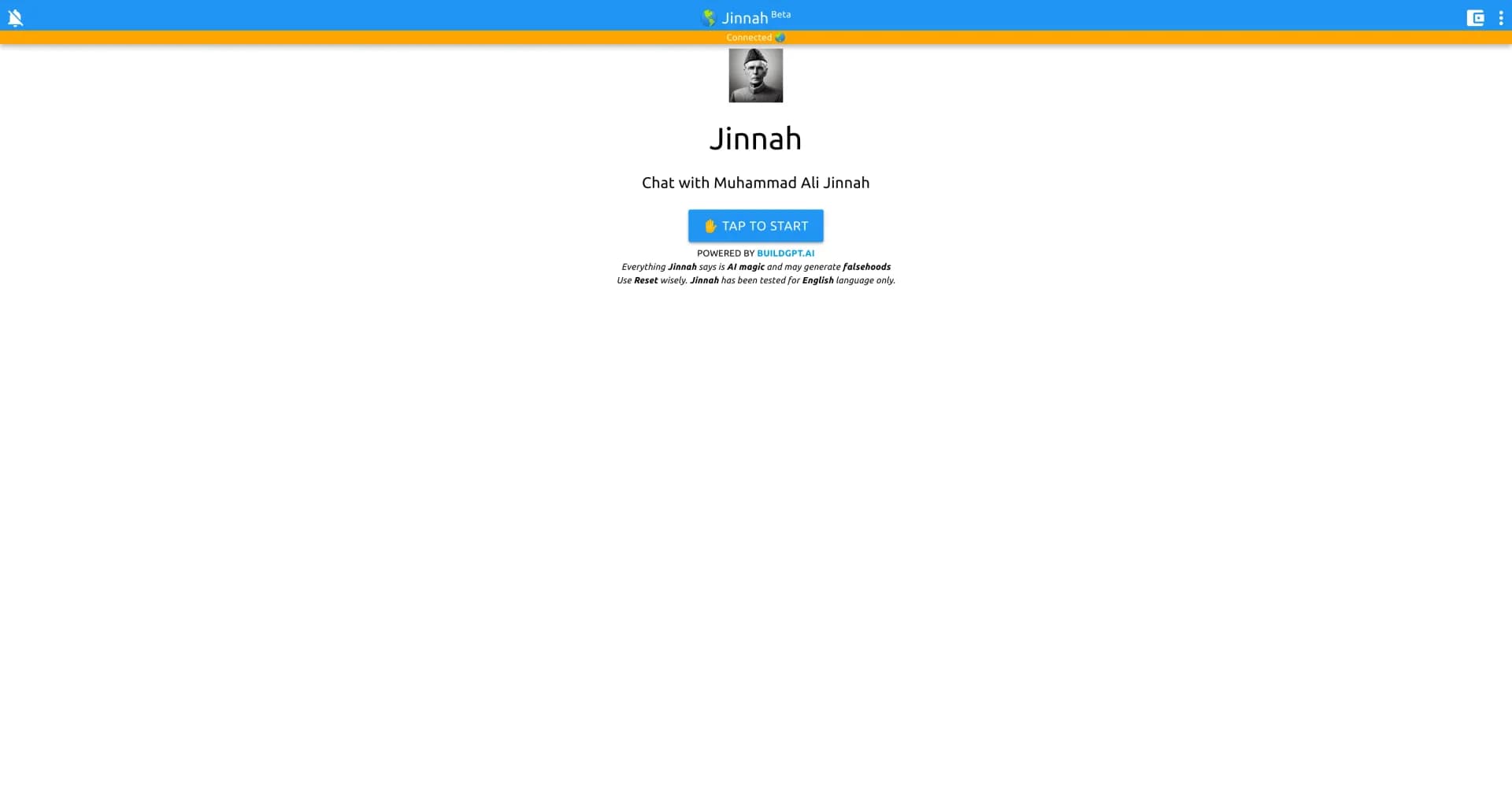 Chat with Jinnah homepage screenshot — Chat with Pakistan's founding father.