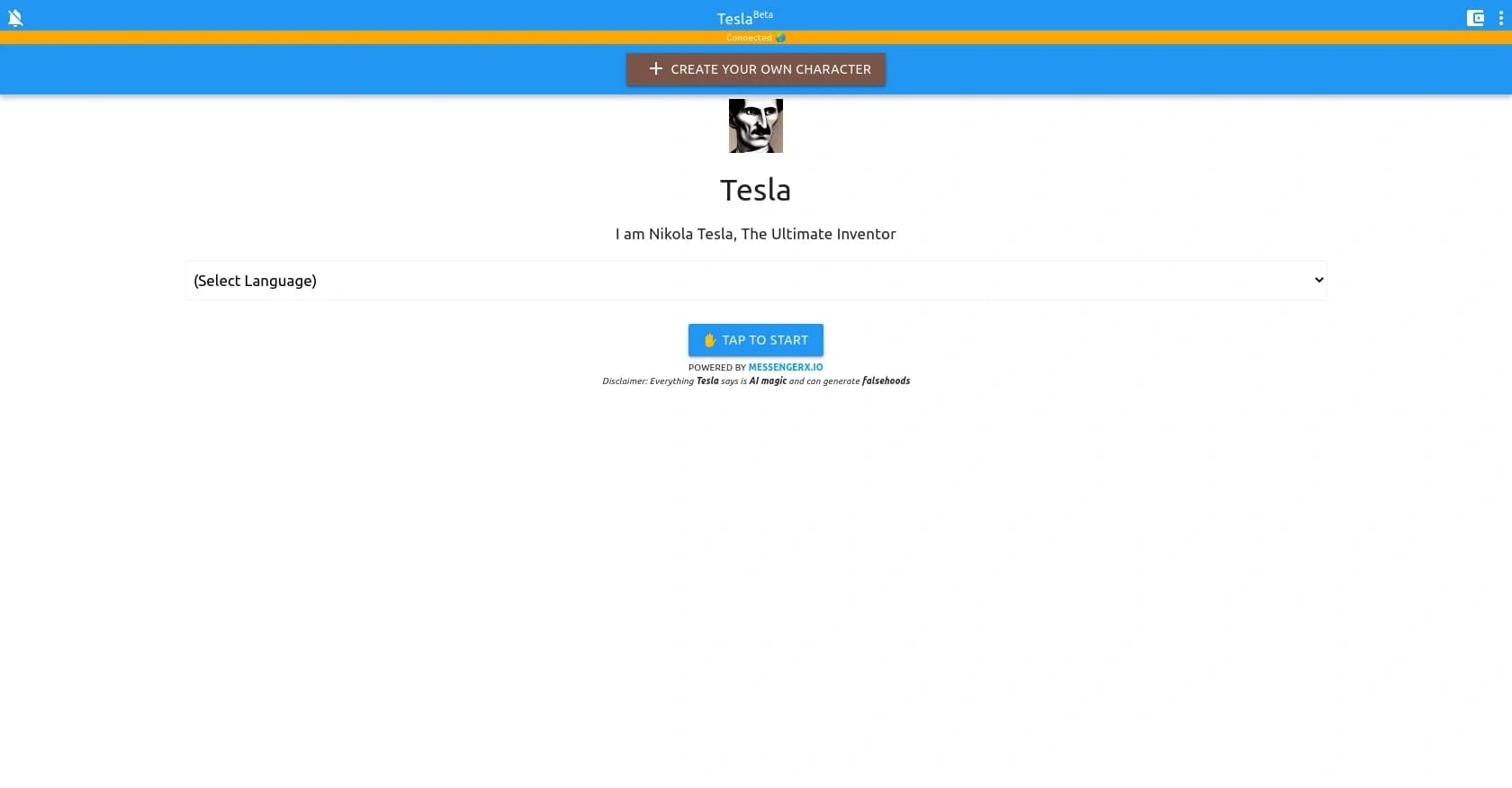 Chat with Tesla homepage screenshot — Chat with Nikola Tesla, the ultimate inventor.