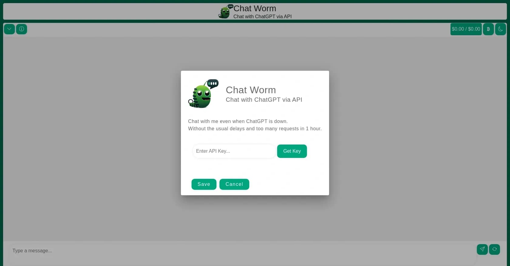 Chat Worm homepage screenshot — Chat with ChatGPT directly, faster and without limits.