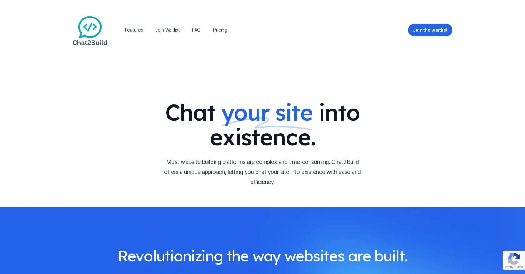 Chat2Build homepage screenshot — Chat your site into existence.