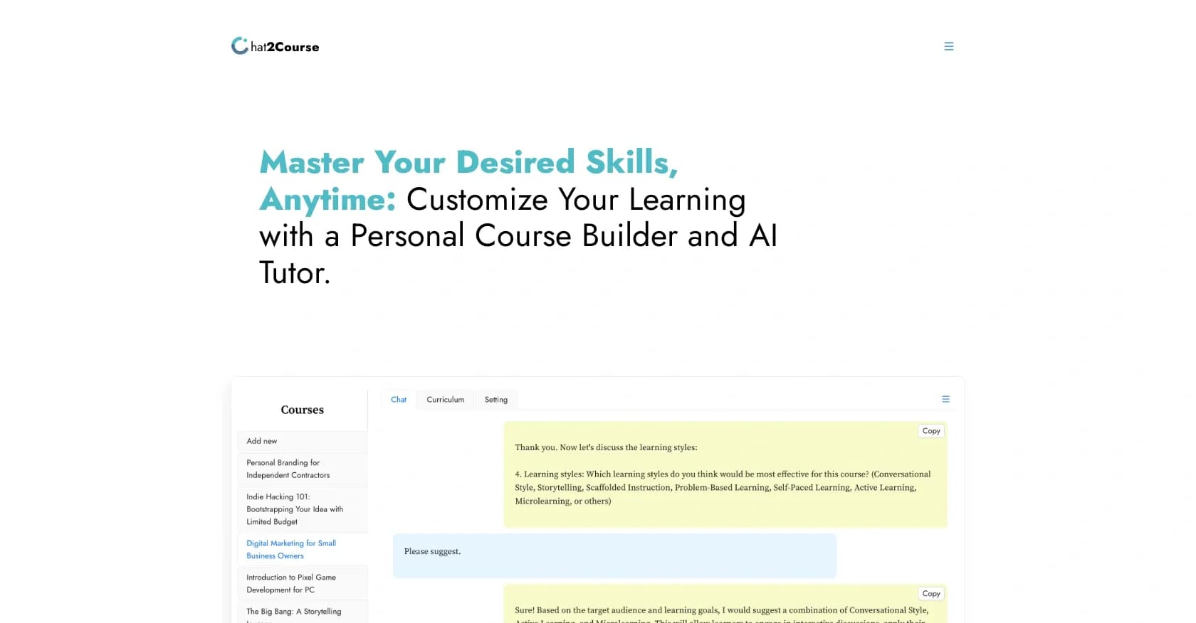 Chat2course homepage screenshot — Build custom courses with AI-powered tutoring