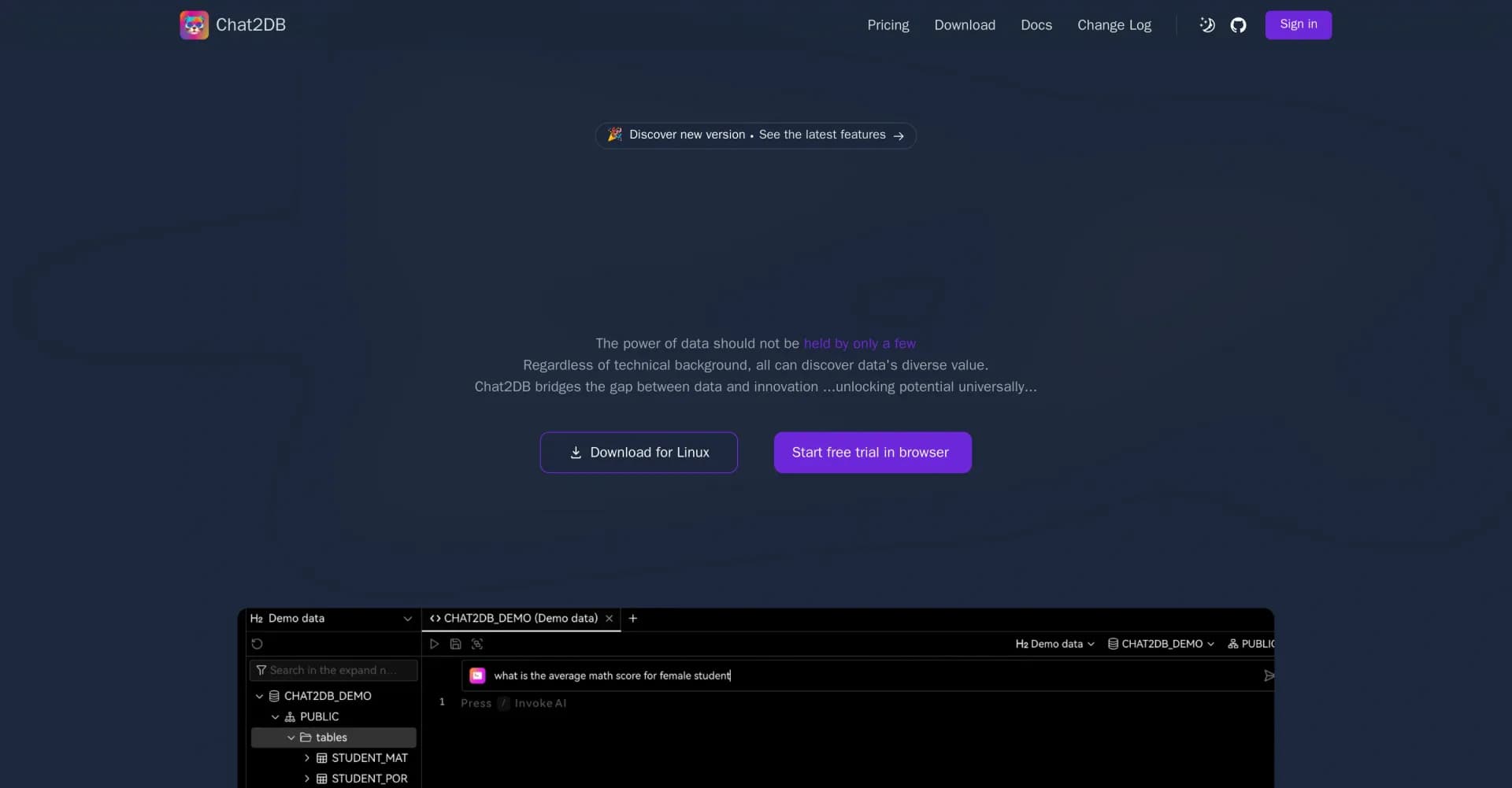 Chat2DB homepage screenshot — AI-powered database management for everyone
