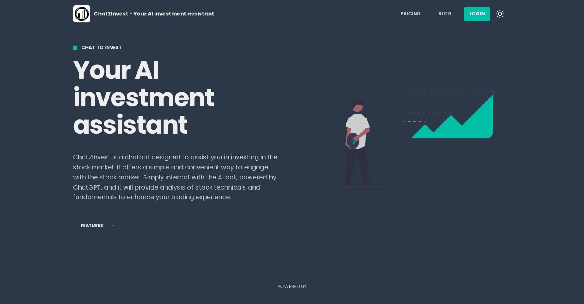 Chat2Invest homepage screenshot — AI chatbot for simplified stock market investing