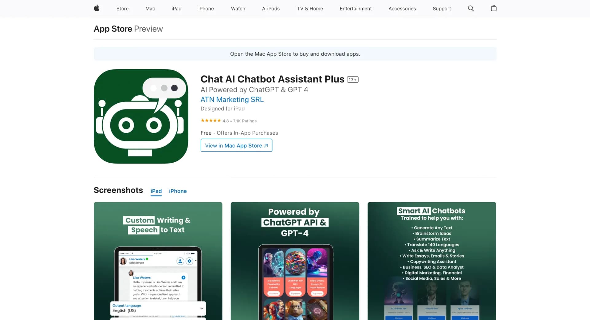 ChatAI homepage screenshot — iOS chatbot assistant for completing tasks.