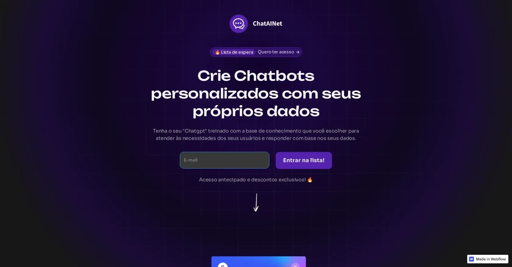 ChatAINet homepage screenshot — Create custom chatbots with your own data