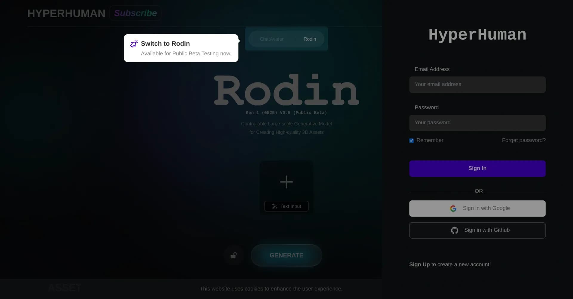 ChatAvatar homepage screenshot — Create lifelike 3D assets from text or images