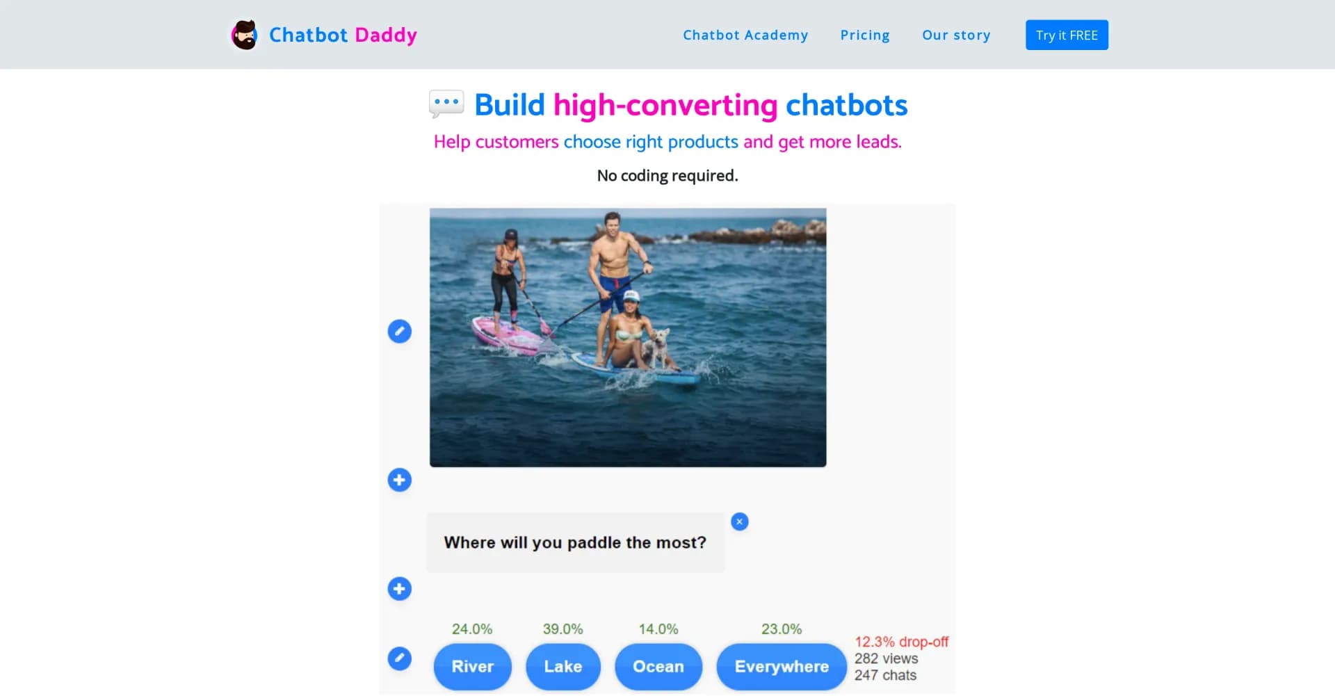 Chatbot Daddy homepage screenshot — Build high-converting chatbots without coding.