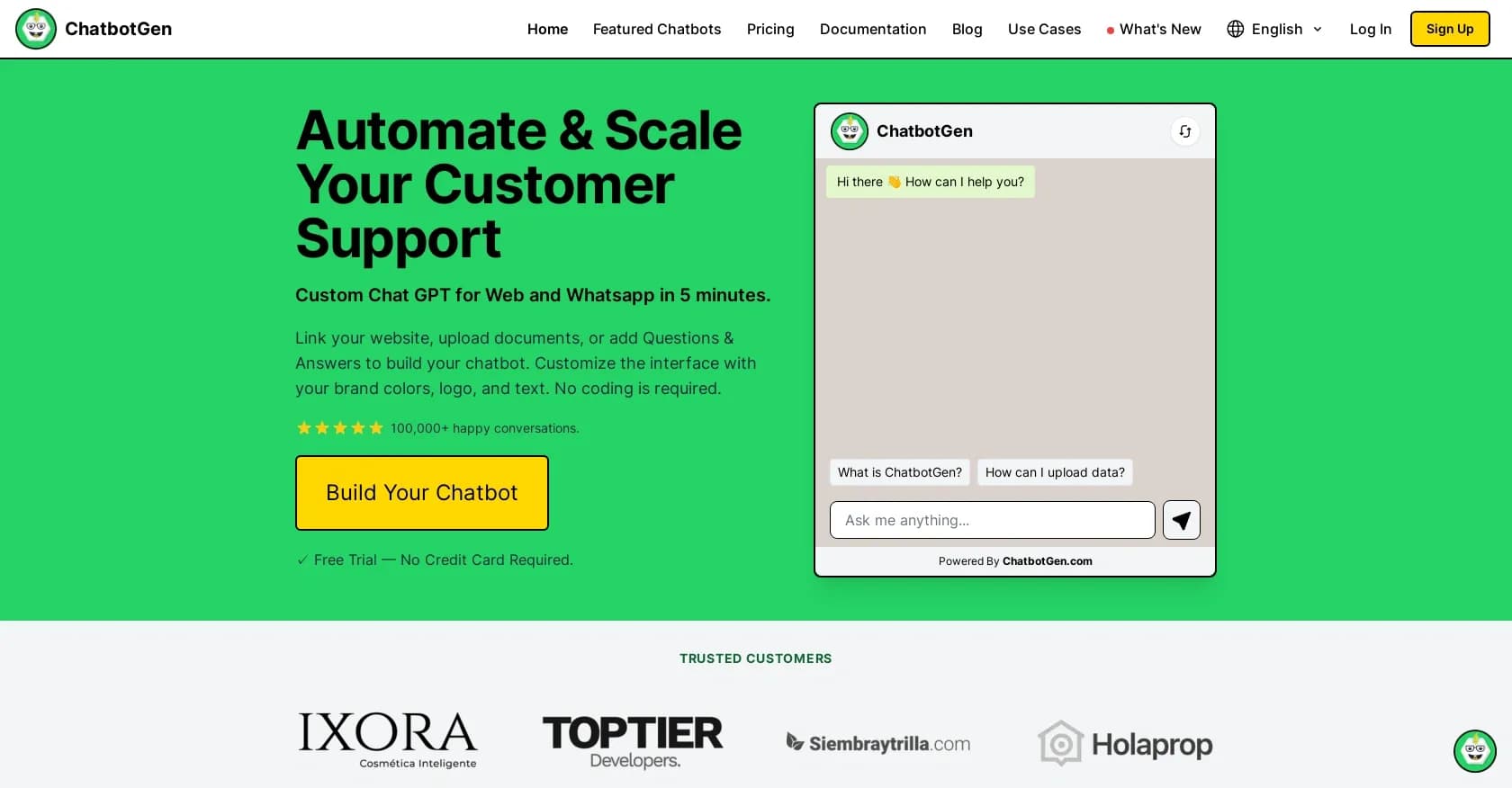 ChatbotGen homepage screenshot — Custom ChatGPT for web and WhatsApp in minutes