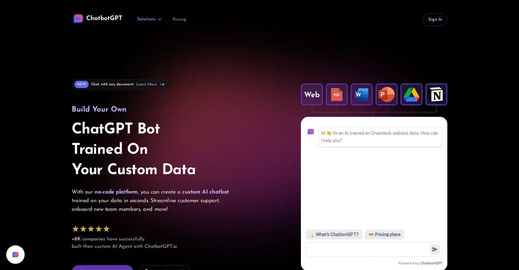 ChatbotGPT homepage screenshot — Create custom AI chatbots in seconds with your data