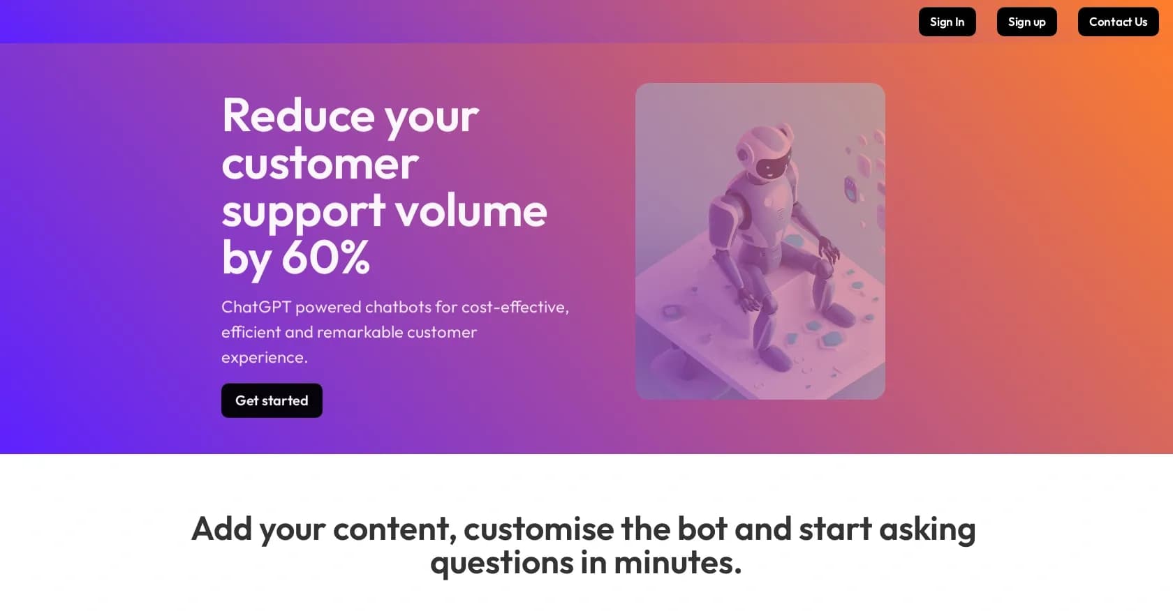 Chatcare homepage screenshot — GPT-powered chatbots for superior customer support.