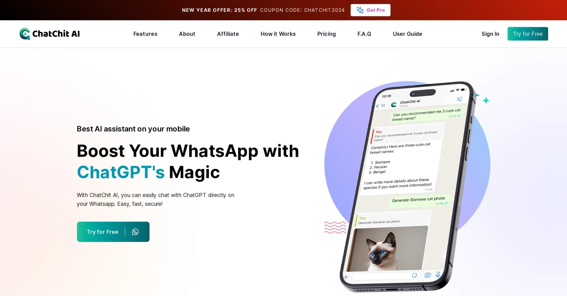 ChatChit AI homepage screenshot — Your personal AI assistant on WhatsApp.