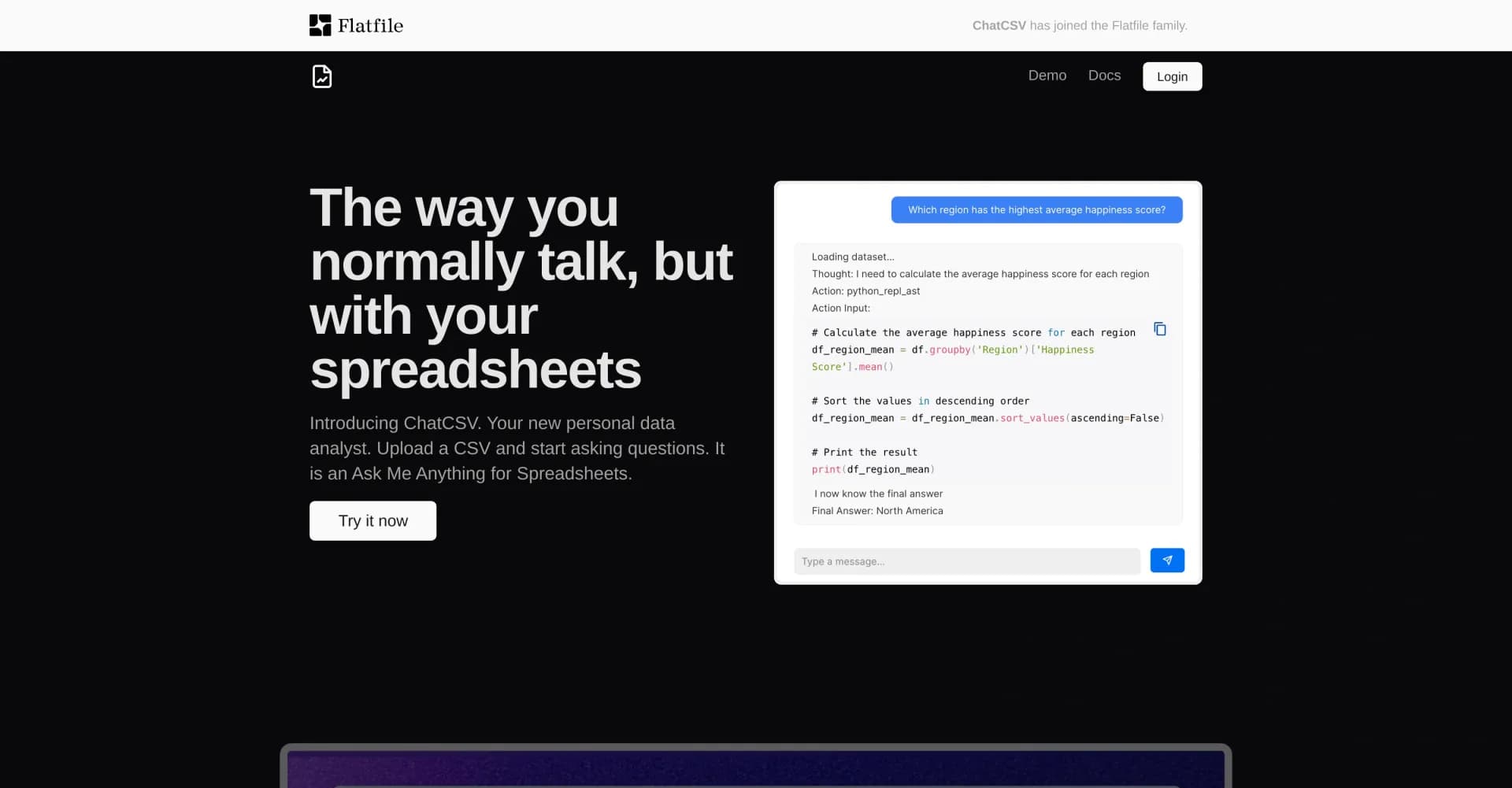 ChatCSV homepage screenshot — Ask anything about your CSV data.