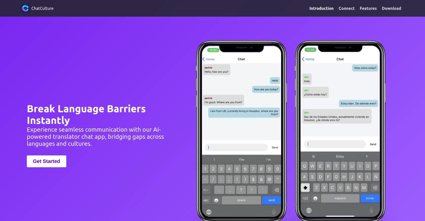 ChatCulture homepage screenshot — Break language barriers instantly