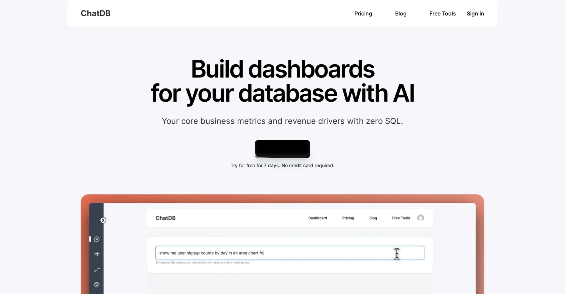 ChatDB homepage screenshot — Build AI-powered dashboards without SQL.