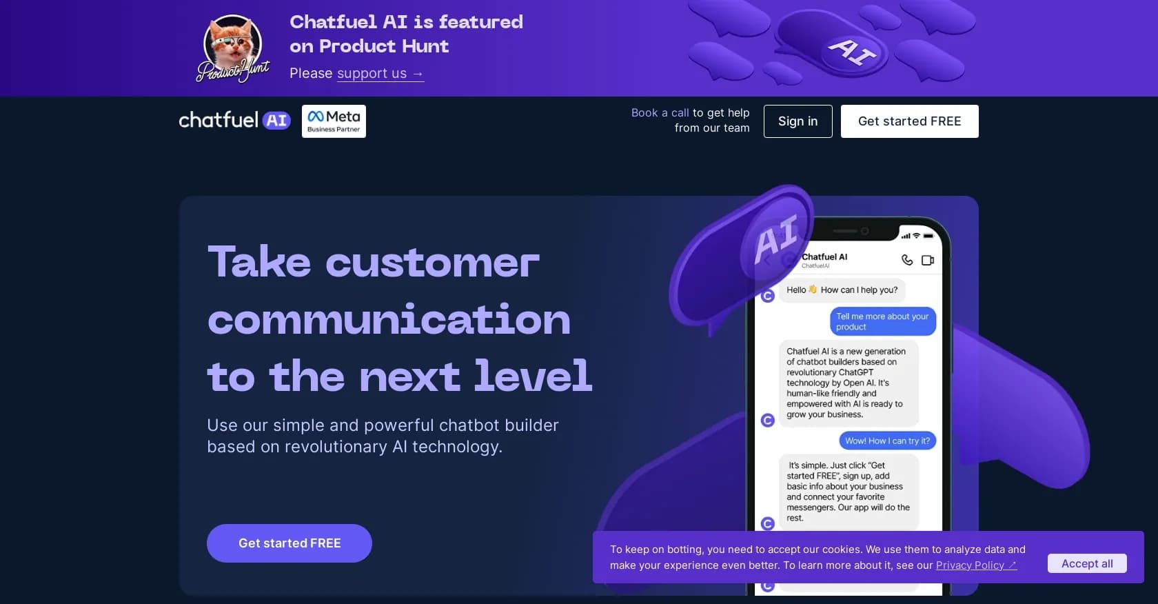 Chatfuel AI homepage screenshot — Take customer communication to the next level with AI chatbo