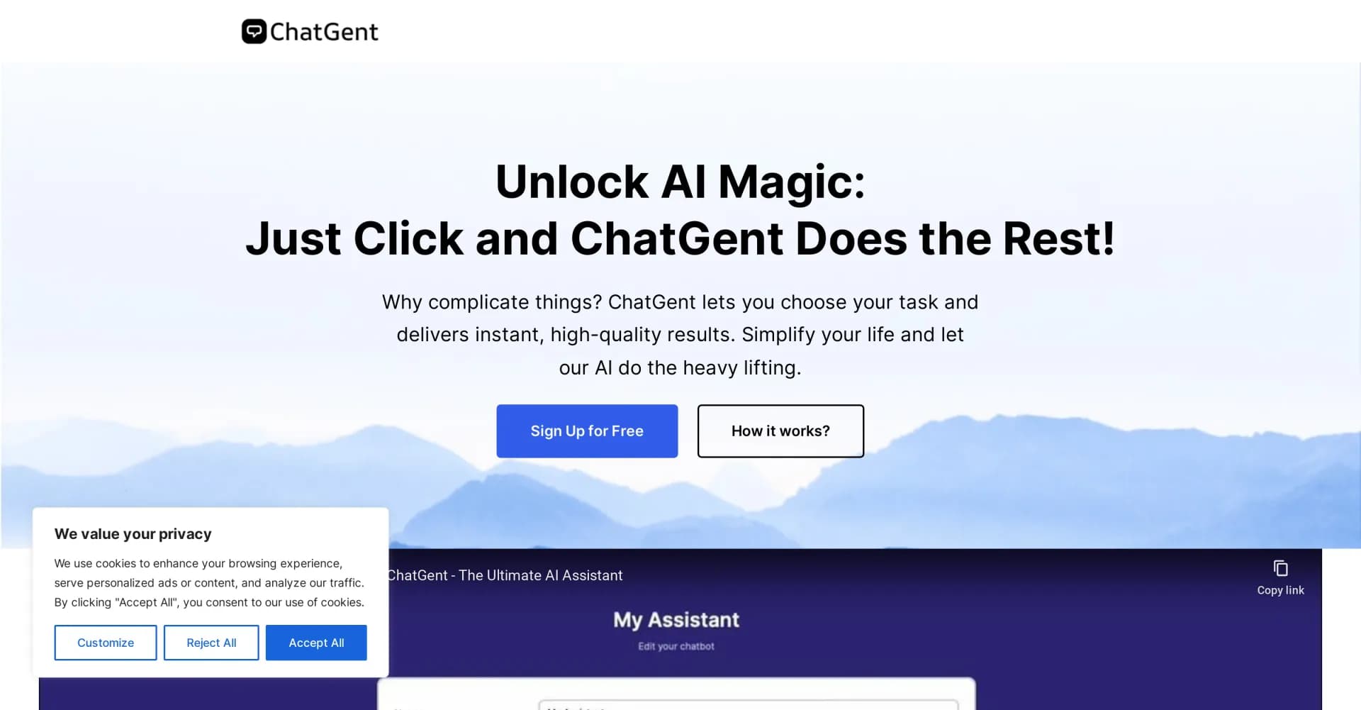 ChatGent homepage screenshot — AI assistant that does the work with just a click.