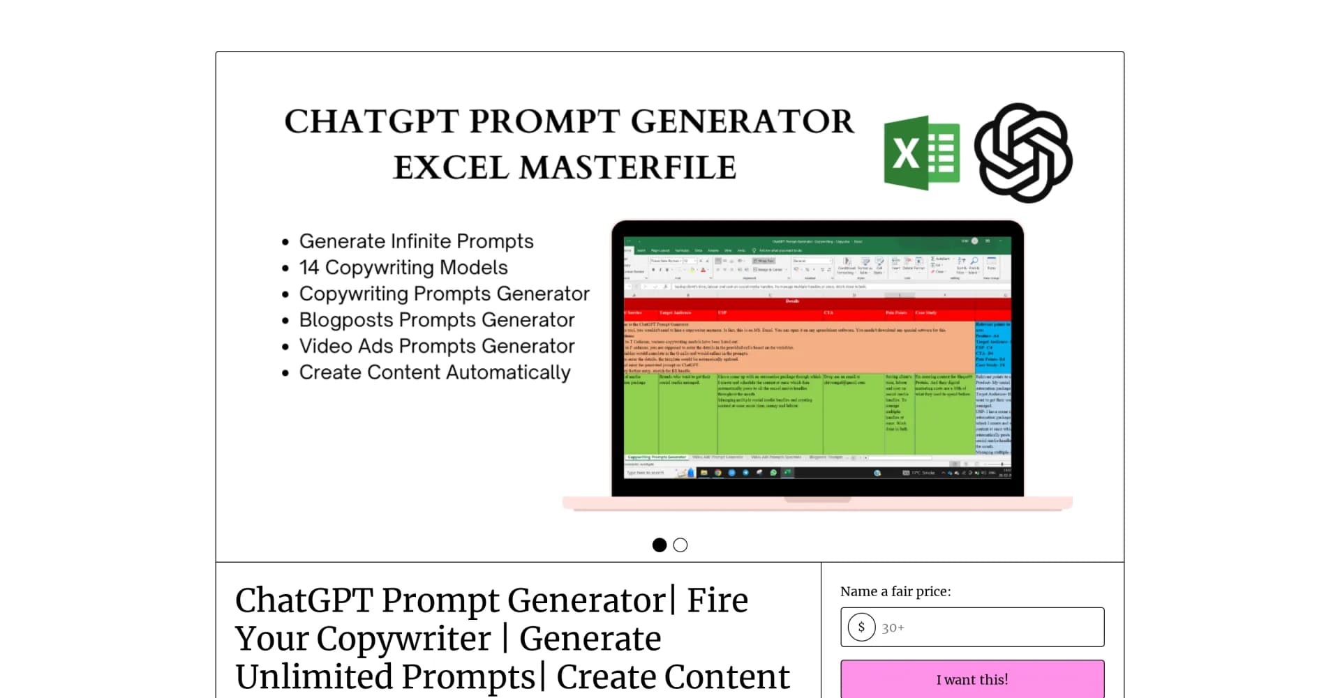 ChatGPT Copywriting Prompts Generator homepage screenshot — Generate unlimited ChatGPT prompts for content creation
