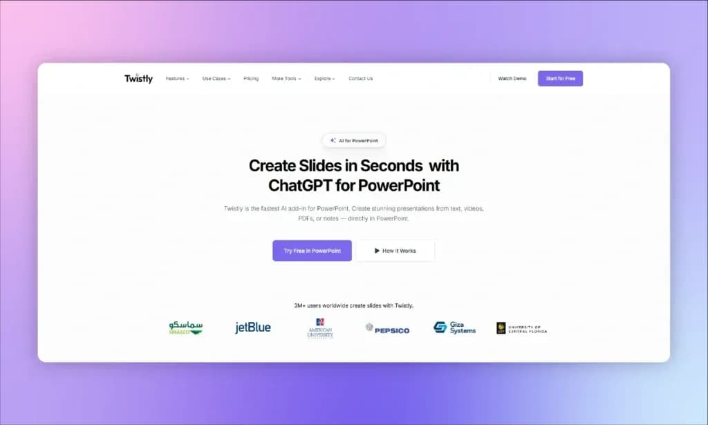 Twistly homepage screenshot — The fastest AI presentation maker add-in made for PowerPoint