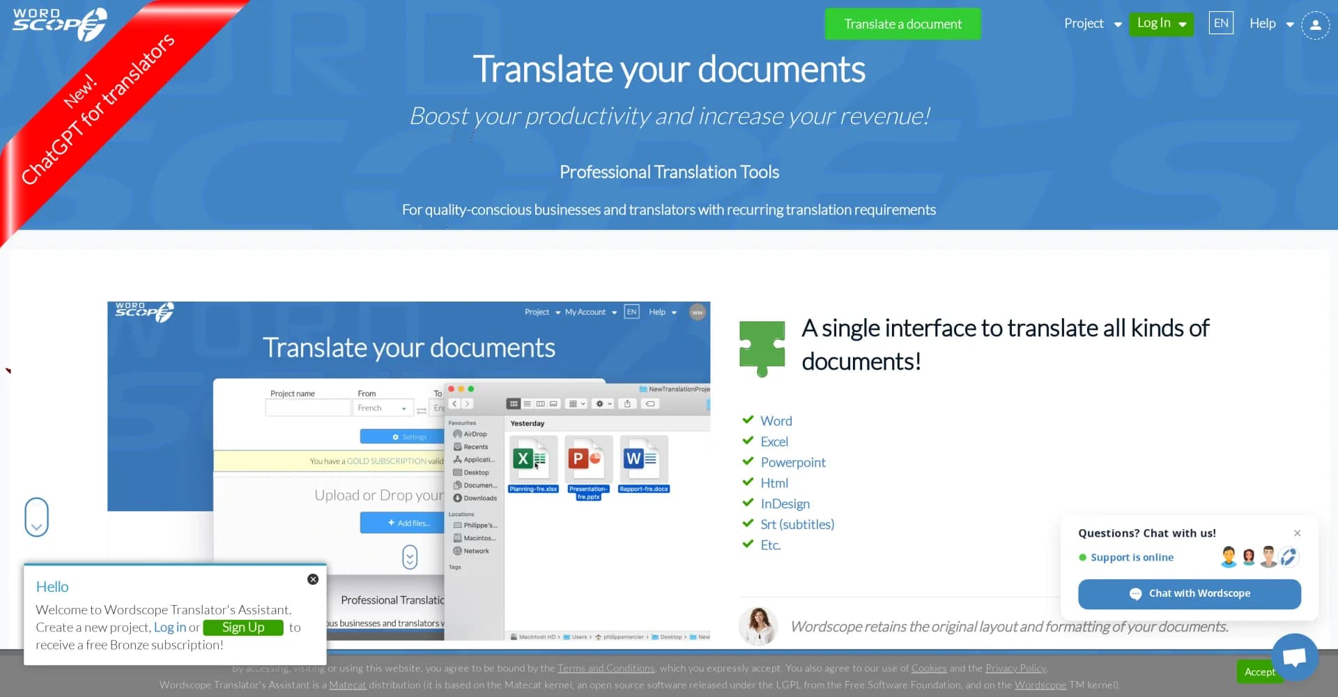 ChatGPT for Translators homepage screenshot — AI-powered document translation for faster, better results.