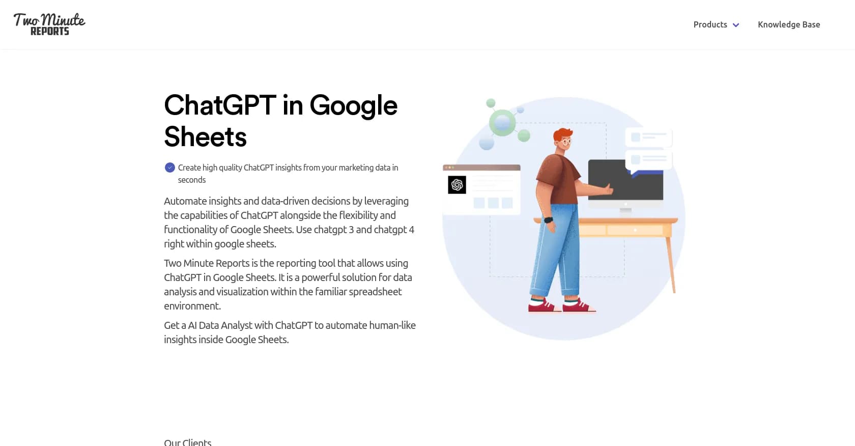 ChatGPT in Google Sheets homepage screenshot — ChatGPT in Google Sheets: Automate insights from your data.