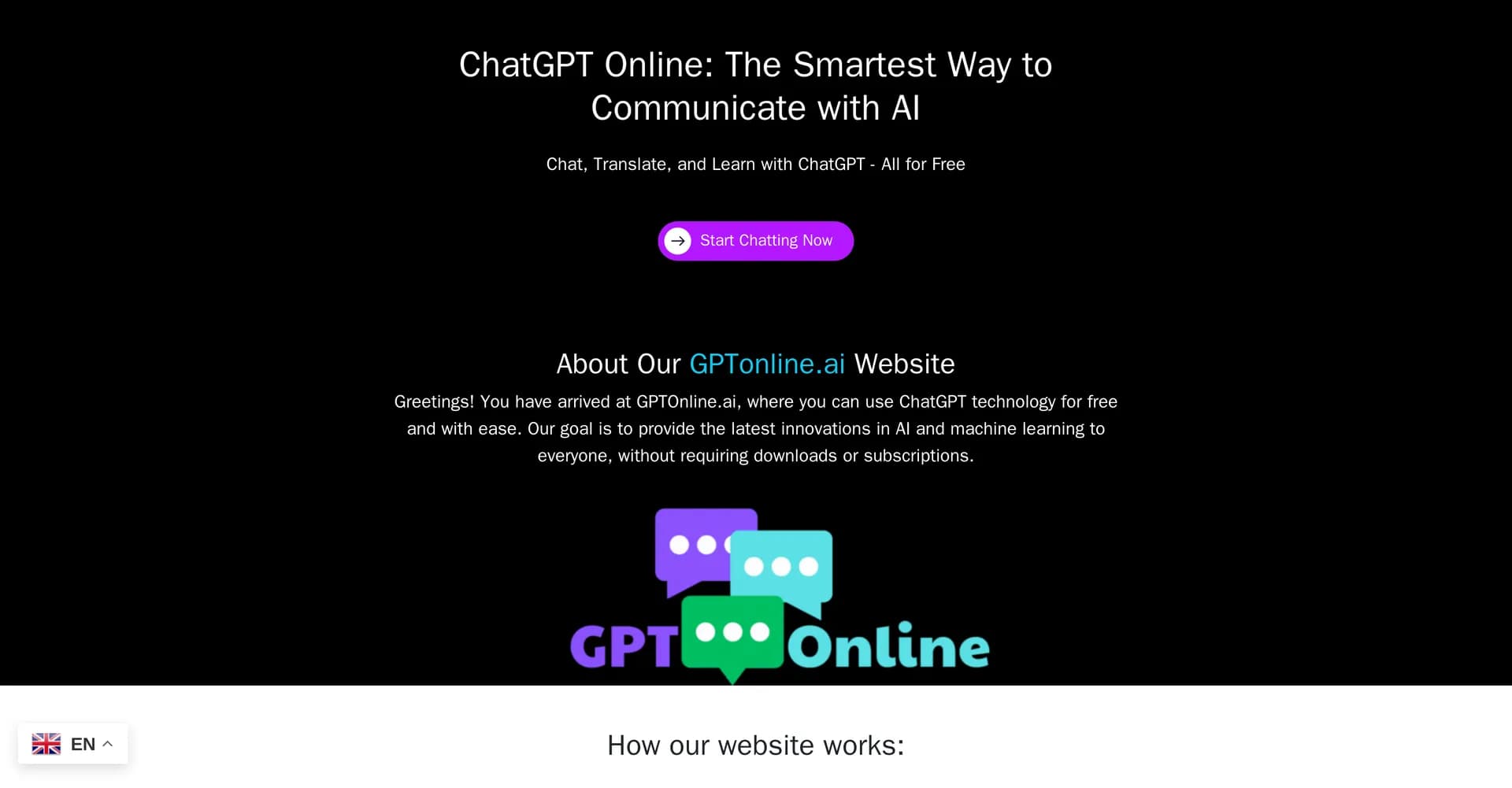 ChatGPT Online homepage screenshot — Chat with AI for free, no registration required.