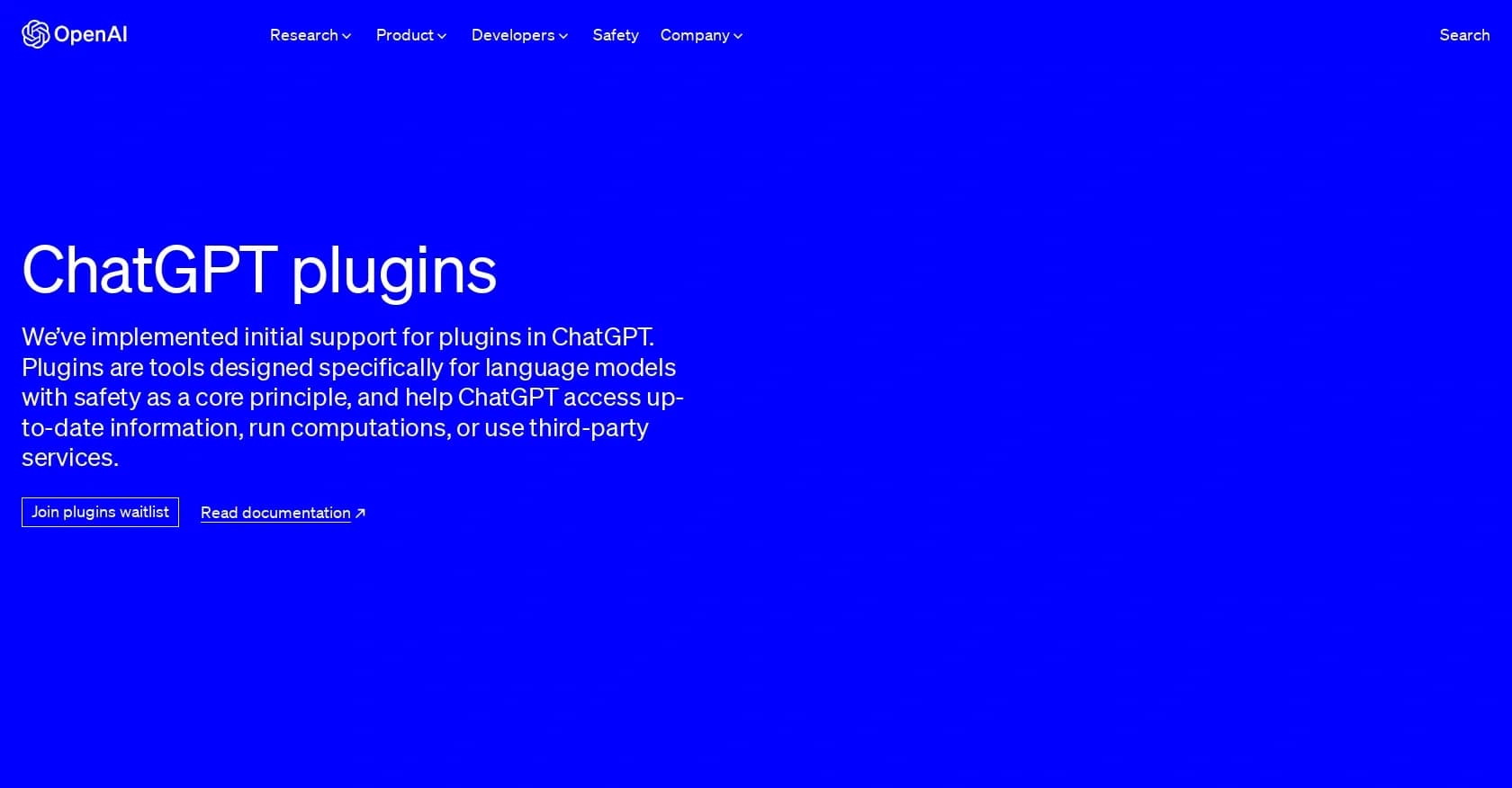 ChatGPT plugins homepage screenshot — Enhance ChatGPT with custom tools and services