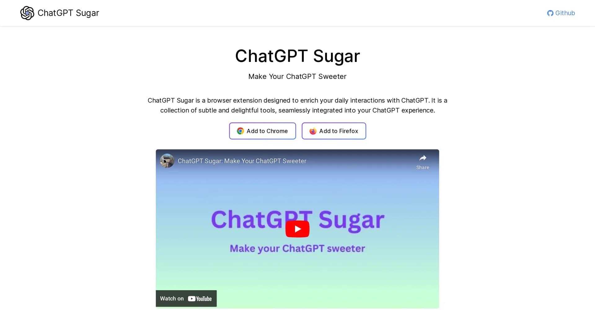 ChatGPT Sugar homepage screenshot — Make your ChatGPT sweeter with exciting features