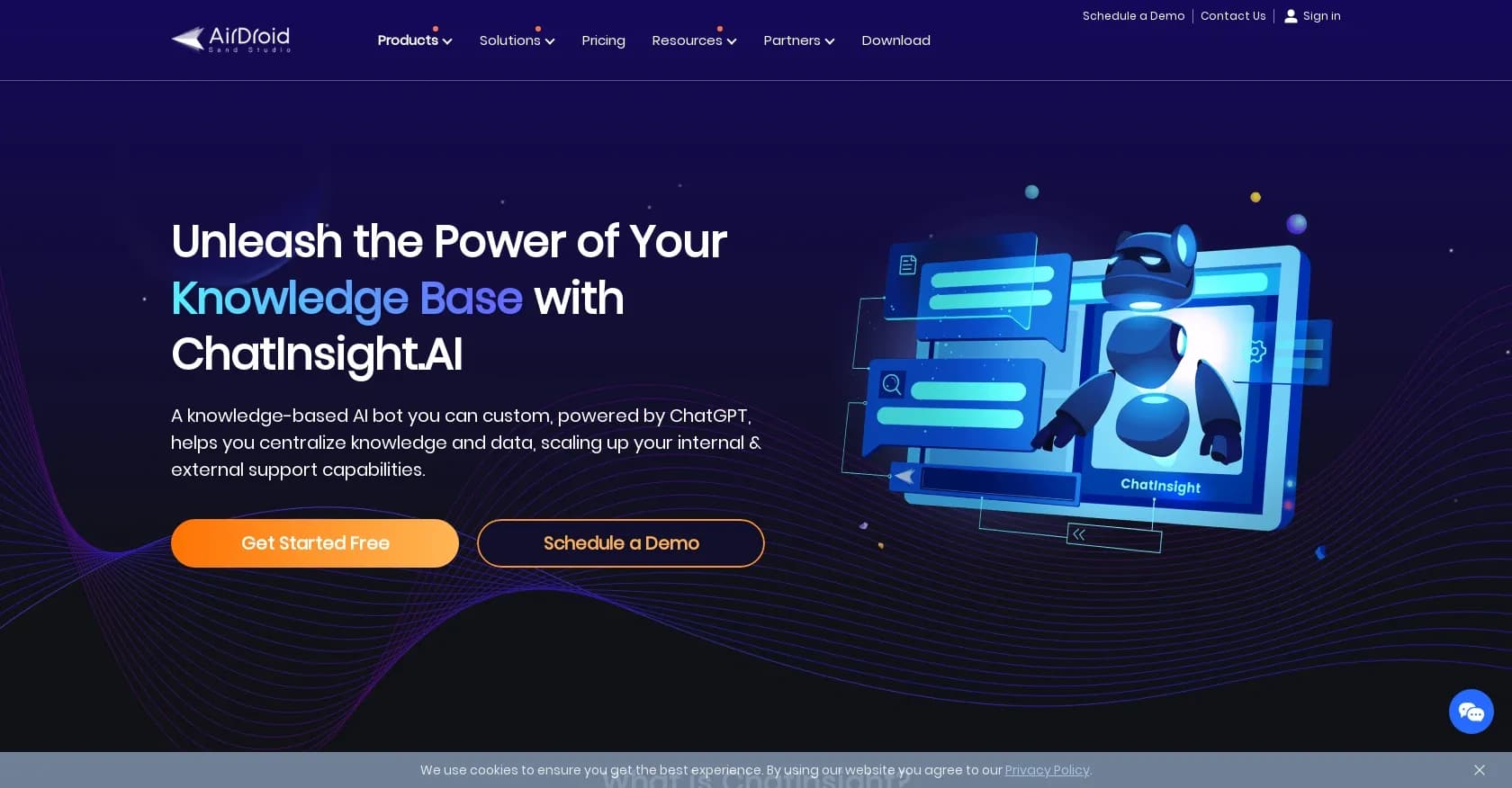 ChatInsight homepage screenshot — AI-powered chatbot for smarter business management