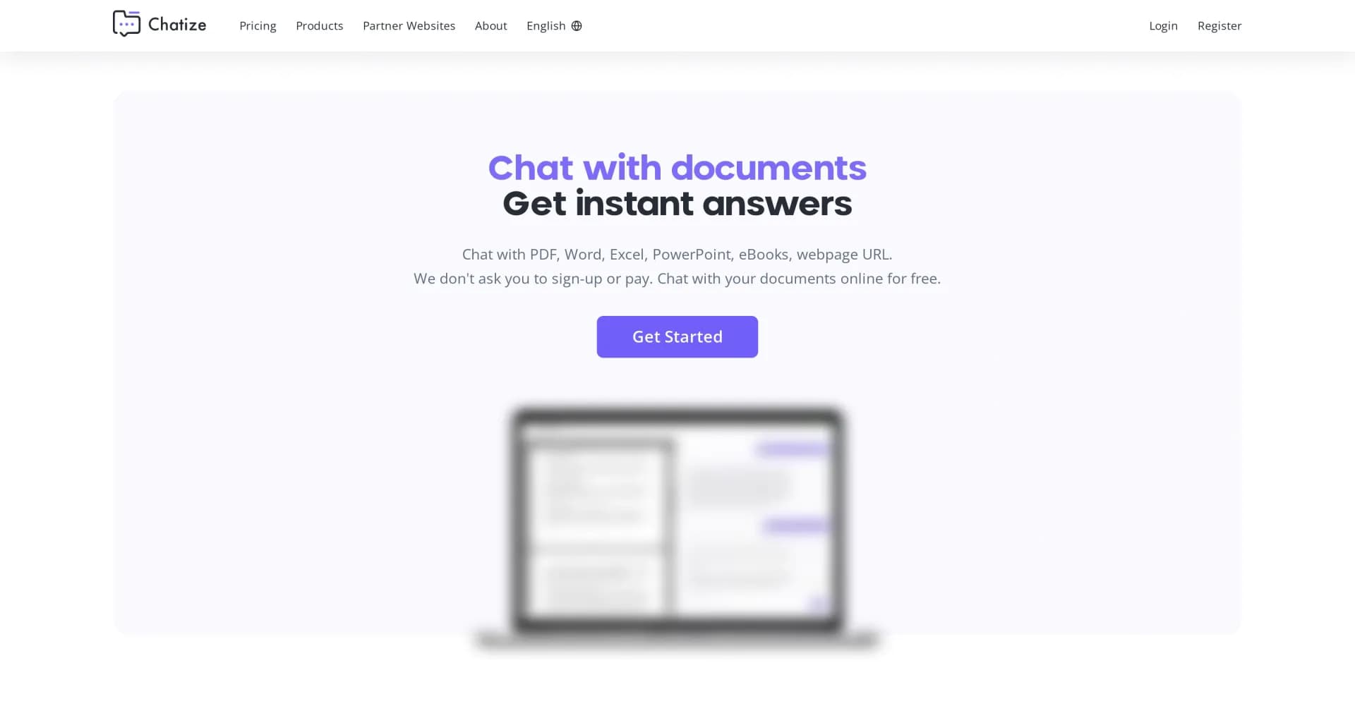 Chatize homepage screenshot — Chat with any document, effortlessly extract insights.