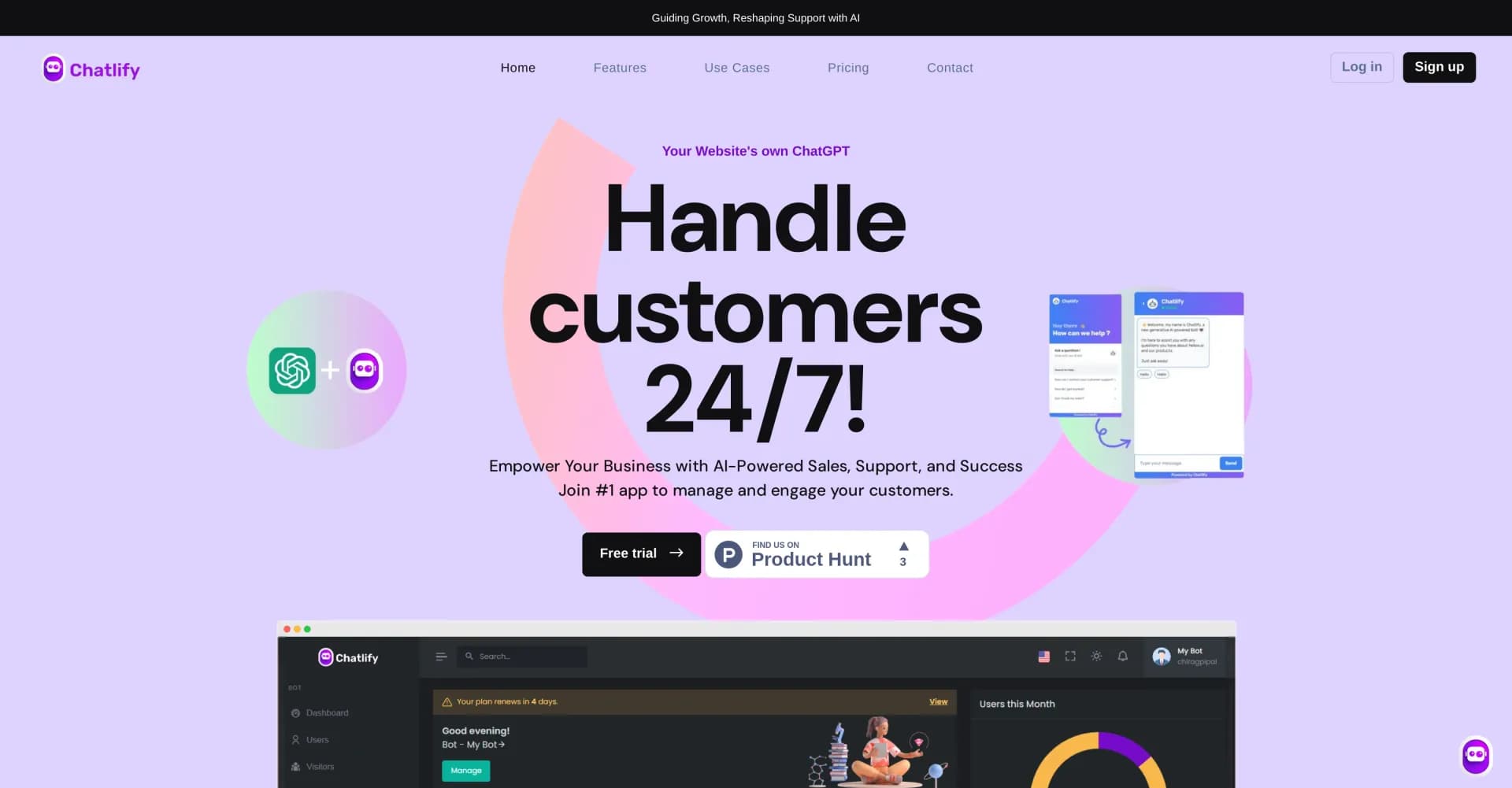 Chatlify homepage screenshot — Your website's own ChatGPT to handle customers 24/7