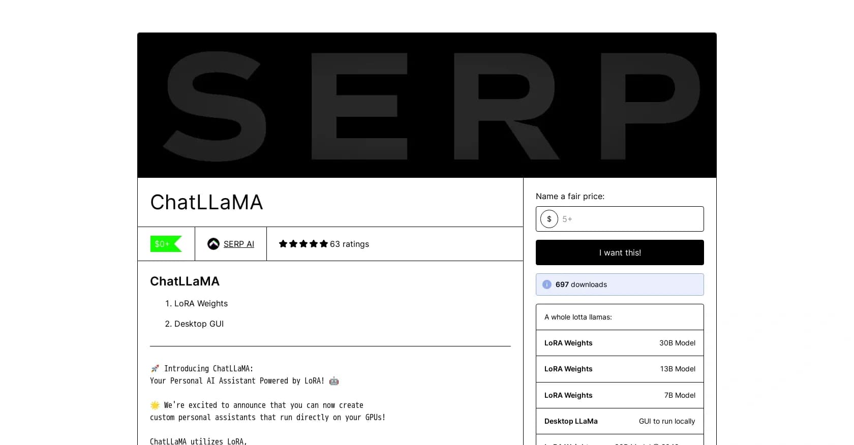 ChatLLaMA homepage screenshot — Create custom AI assistants on your GPUs