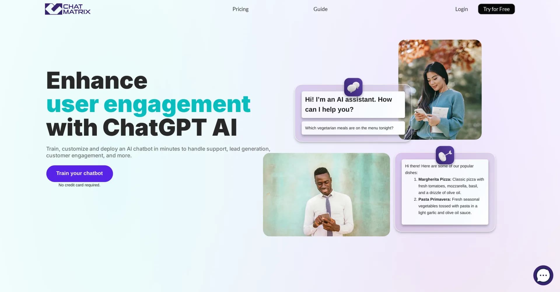 ChatMatrix homepage screenshot — AI chatbots to boost engagement and automate support