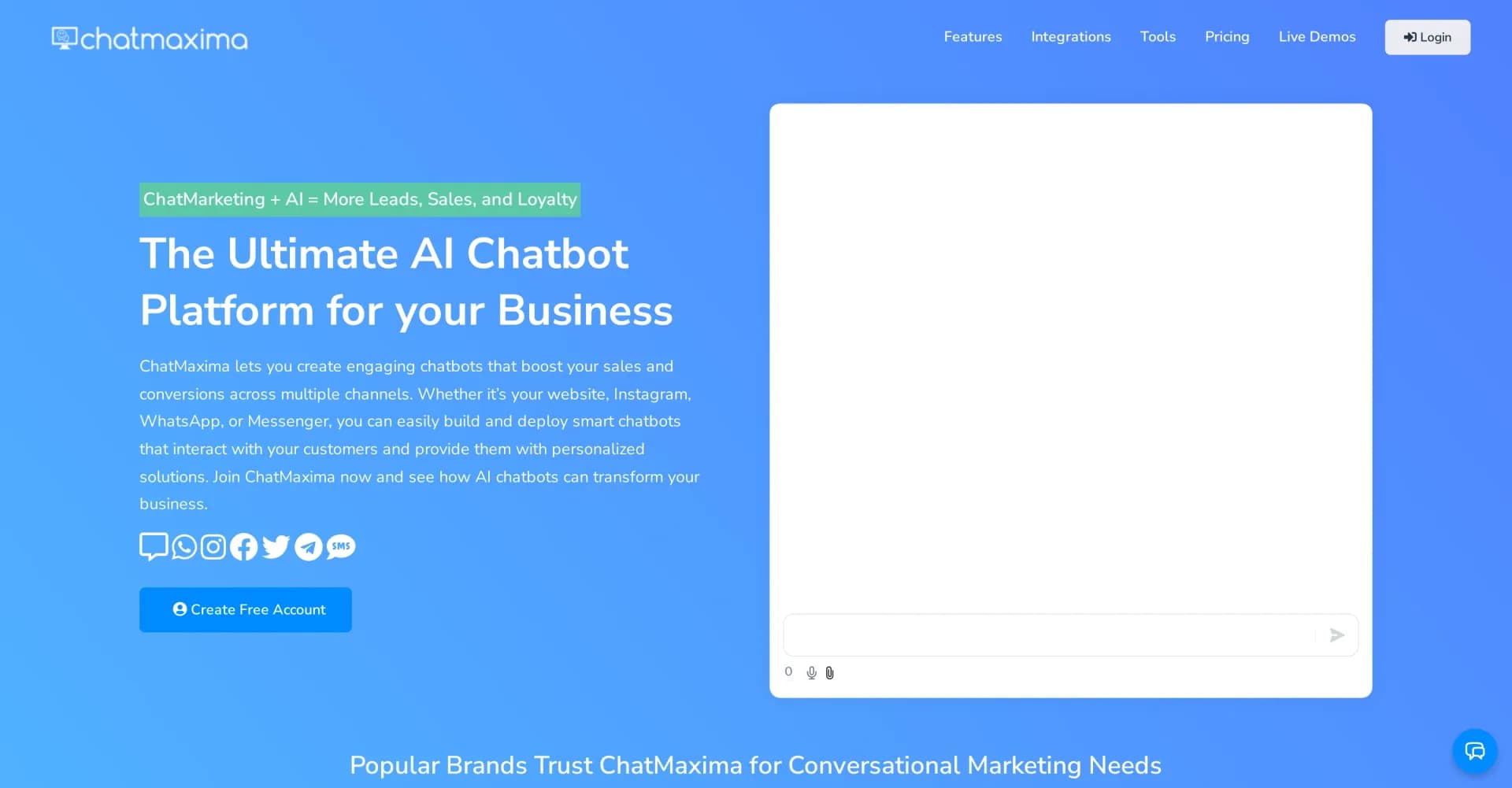 ChatMaxima homepage screenshot — Transforming conversations into conversions.