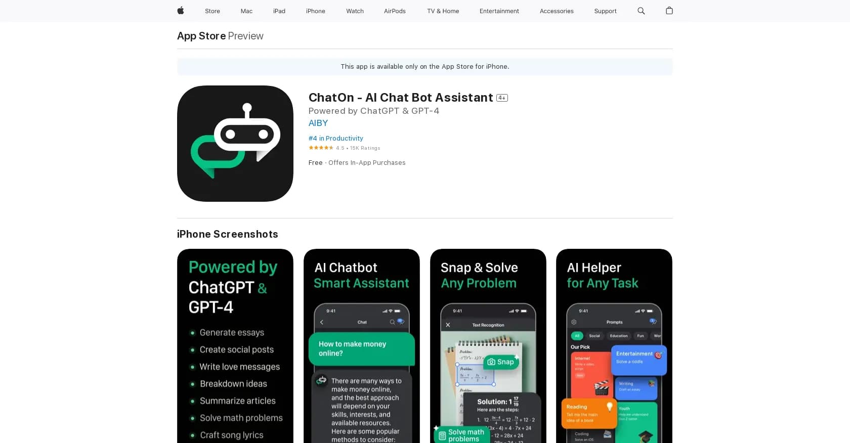 ChatOn homepage screenshot — Automated Q&A and task assistant for mobile chat.