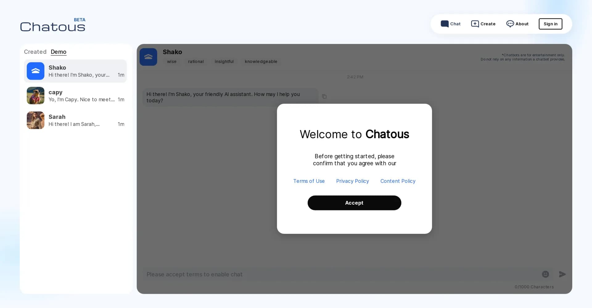 Chatous homepage screenshot — Create custom AI companions that chat with text and images