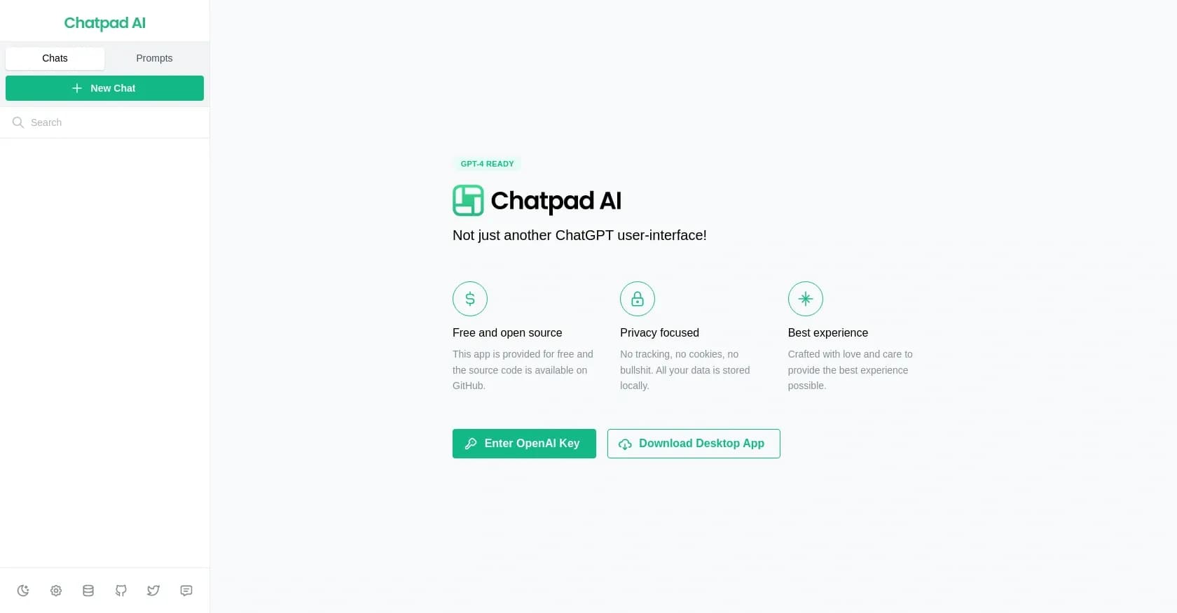 Chatpad homepage screenshot — Free, open-source ChatGPT interface with privacy focus