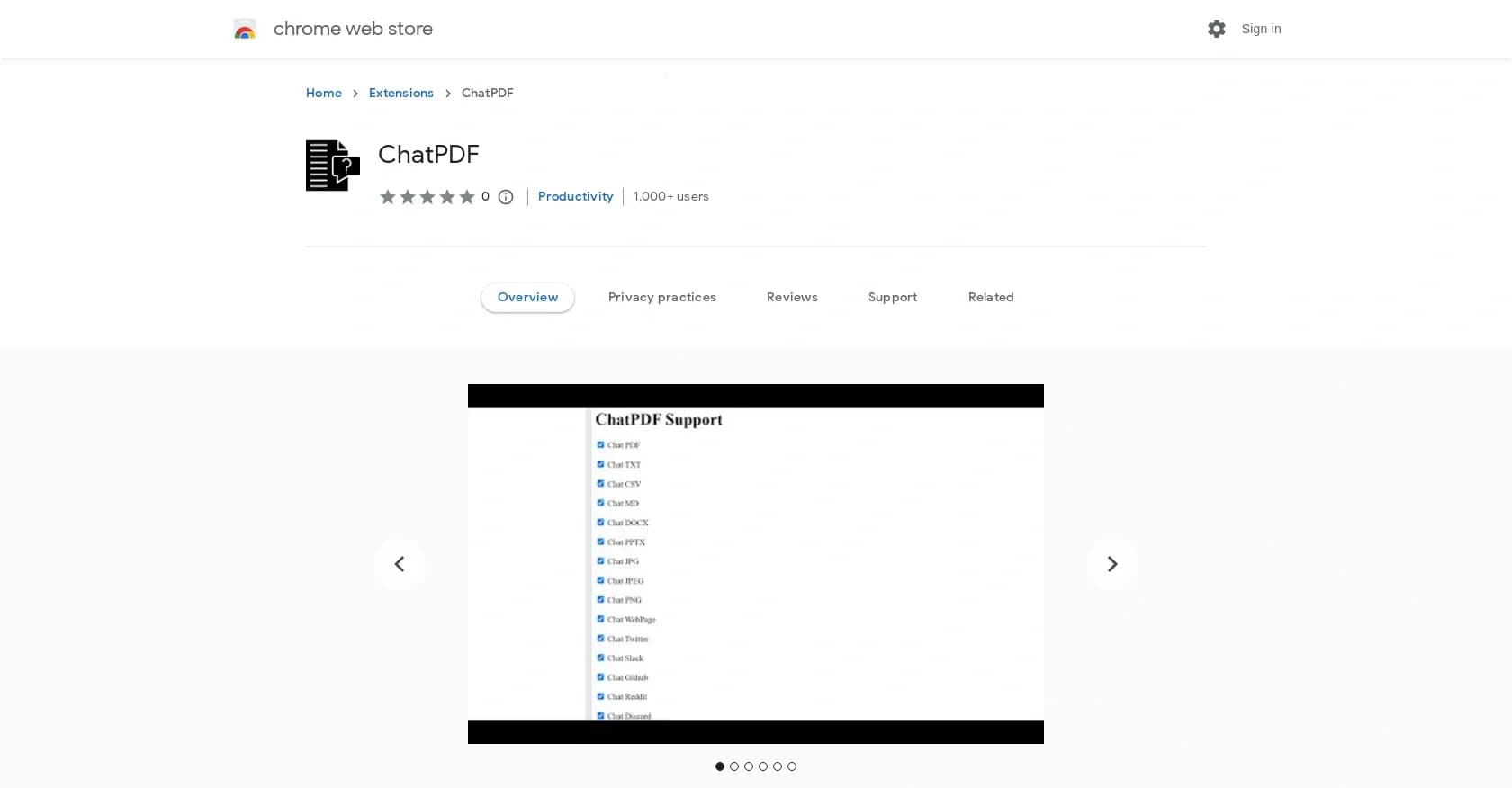 ChatPDF extension homepage screenshot — Extract & communicate with docs in various formats.