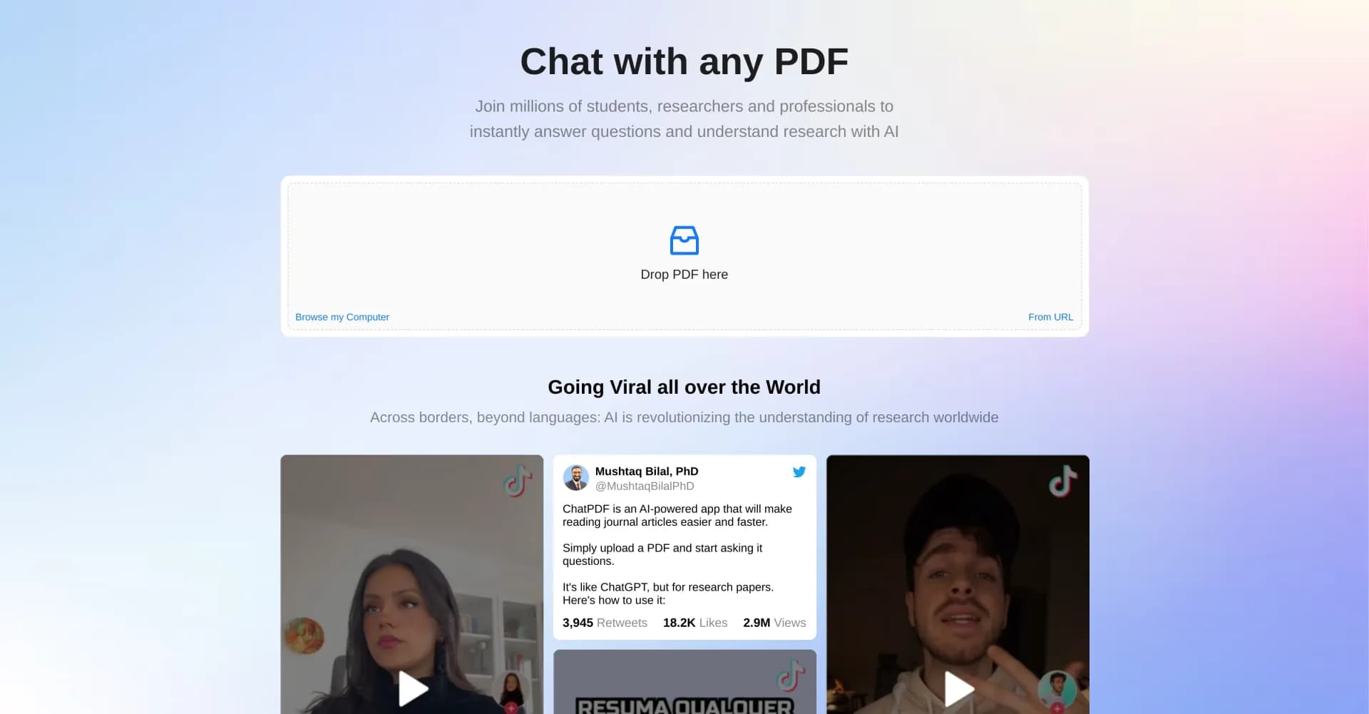 ChatPDF homepage screenshot — Chat with any PDF instantly