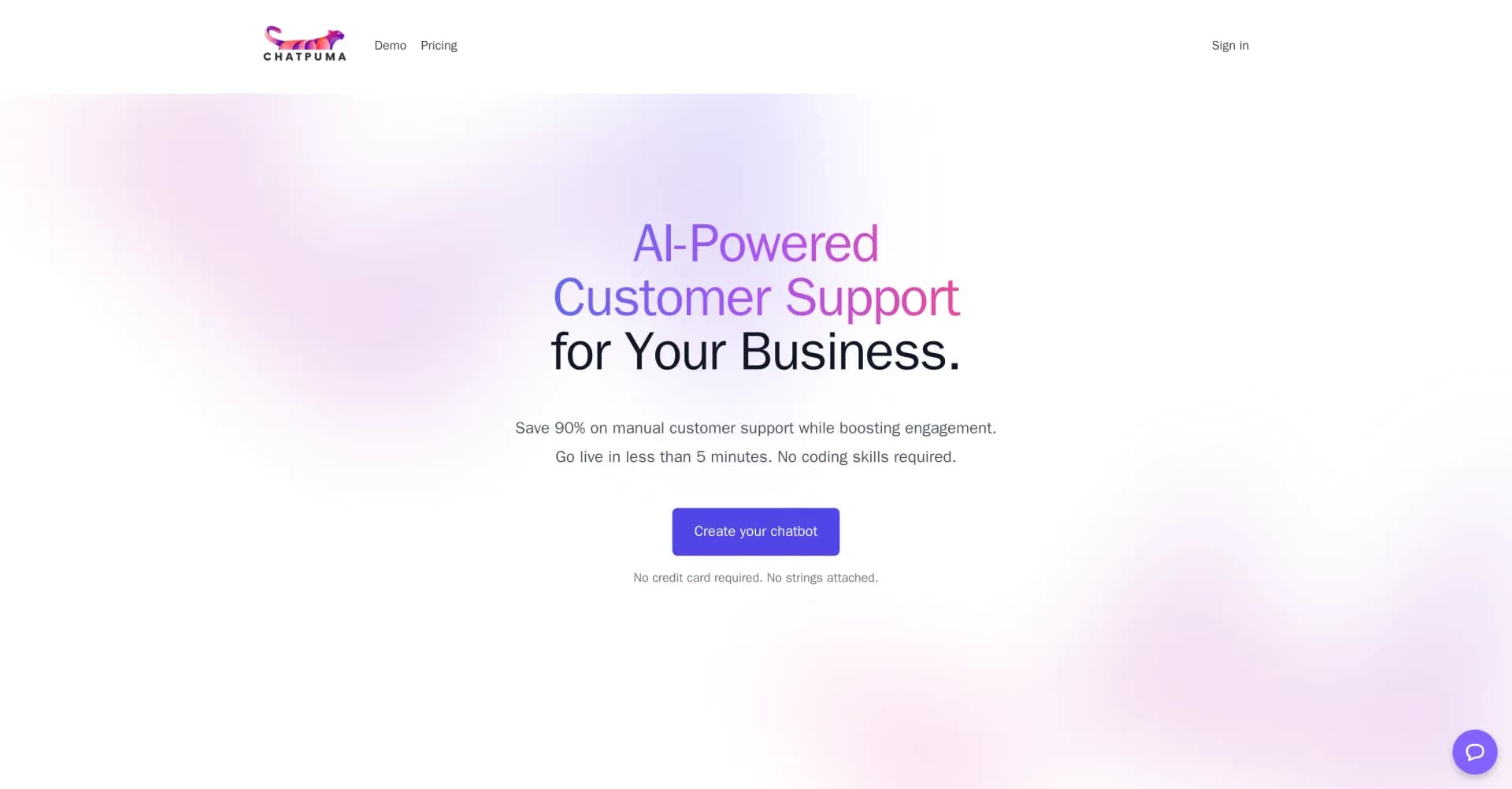 ChatPuma homepage screenshot — AI chatbots for superior customer service