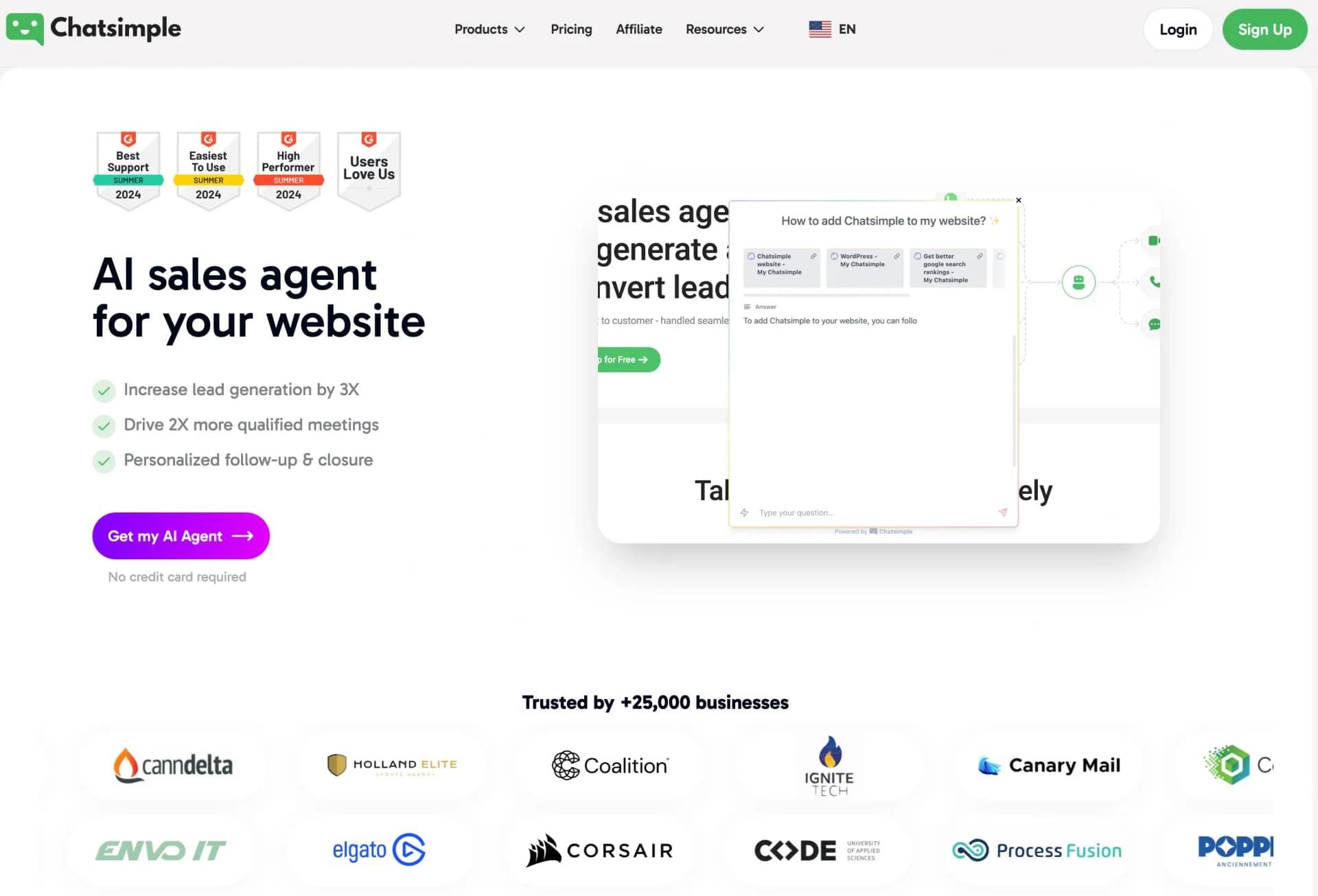 Chatsimple AI Sales Chatbotv2.0 homepage screenshot — Website chatbots for support and sales assistance.