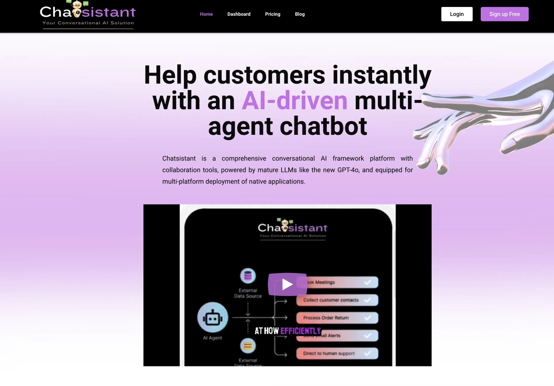 Chatsistant homepage screenshot — Build AI chatbots effortlessly, deploy instantly