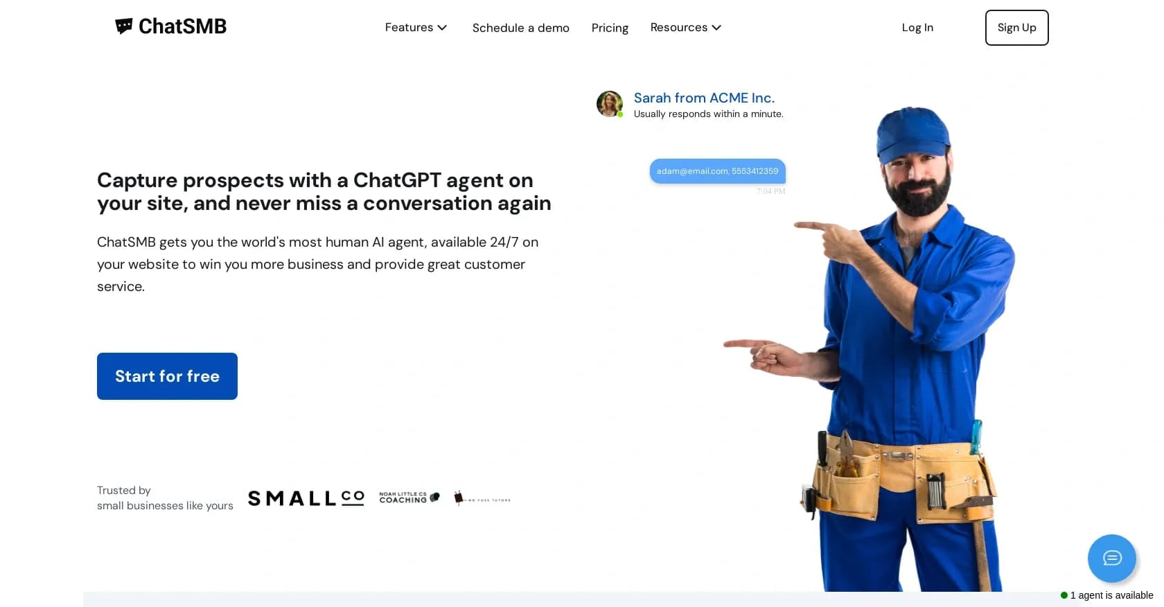 ChatSMB homepage screenshot — AI chatbot for small business success