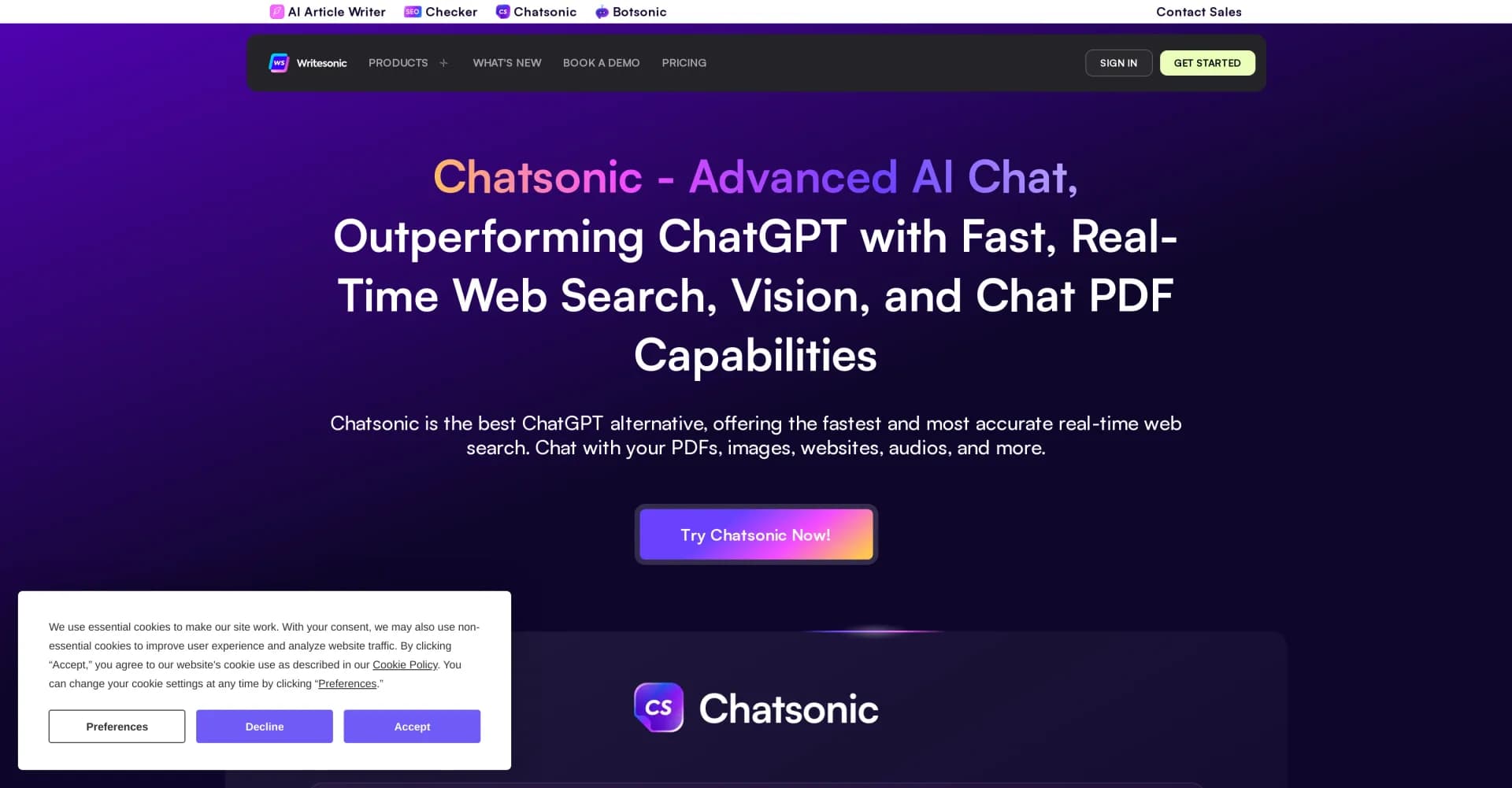 Chatsonic homepage screenshot — Advanced AI chat with real-time search and multimedia capabi