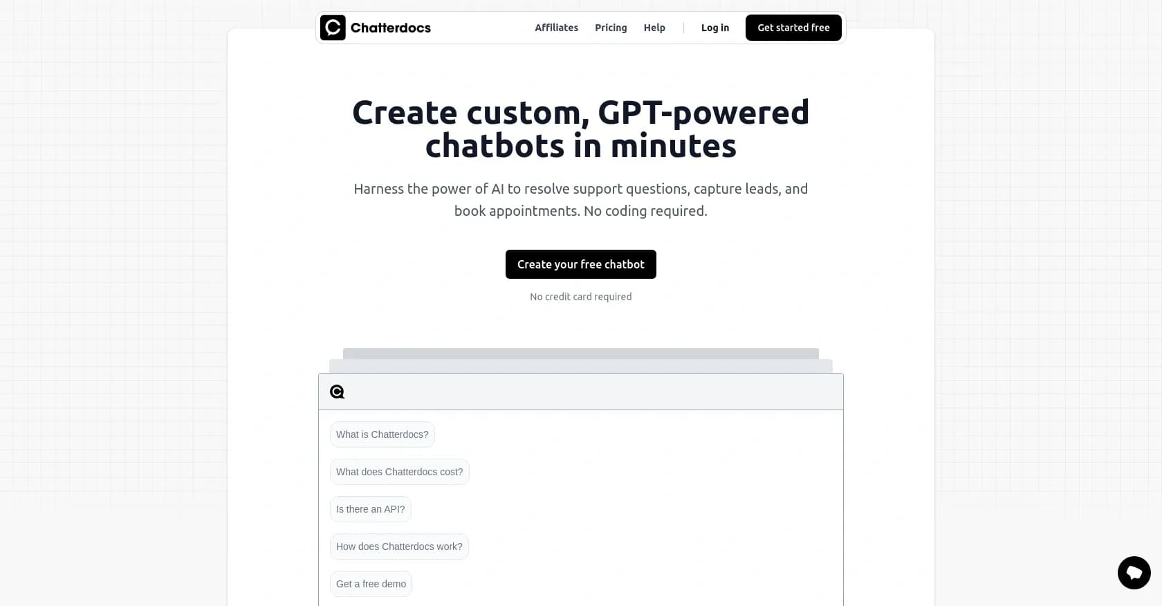 Chatterdocs homepage screenshot — Create custom AI chatbots in minutes, no coding required.