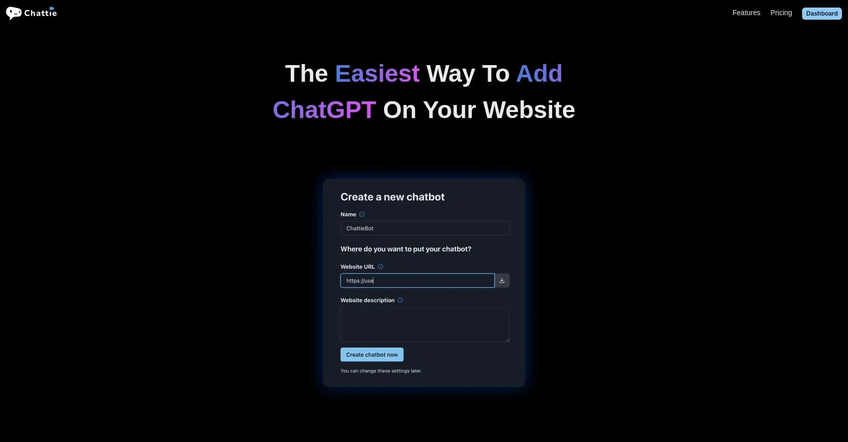 Chattie homepage screenshot — Add ChatGPT to your website in seconds.